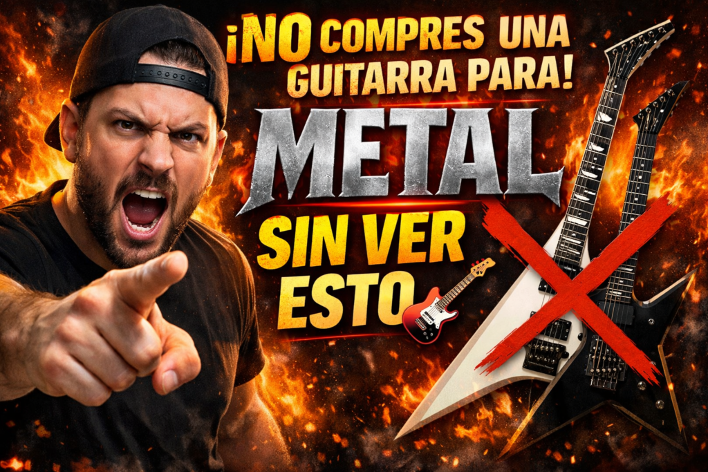 “Persona señalando dos guitarras eléctricas para metal con el texto ‘no compres una guitarra de metal sin ver esto