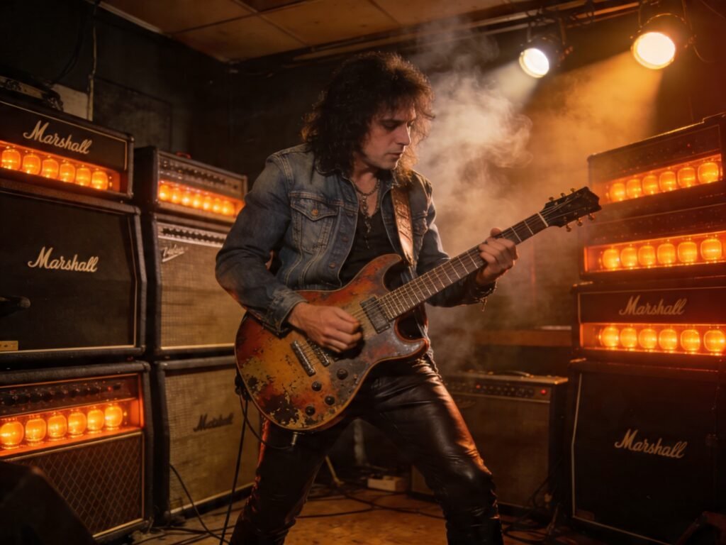 Guitarrista de heavy metal con amplificadores británicos clásicos en escenario pequeño, tono estilo Iron Maiden
